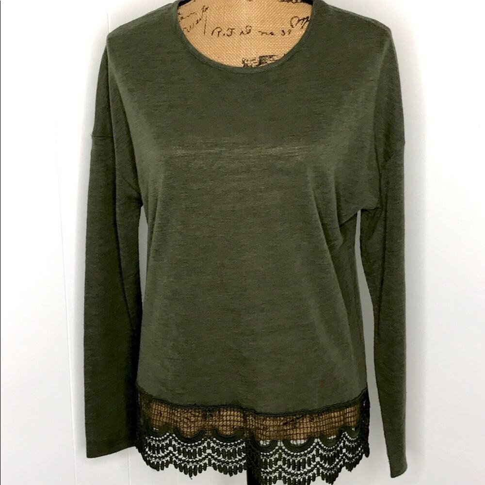 Attention Scoop Neck Sweater-Lace Hem-Olive Green-Size Small
